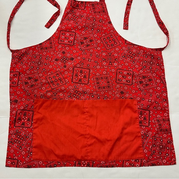 Red Cloth Tie Apron Chef Cooking Pockets Paisley Geometric Print - Picture 11 of 15